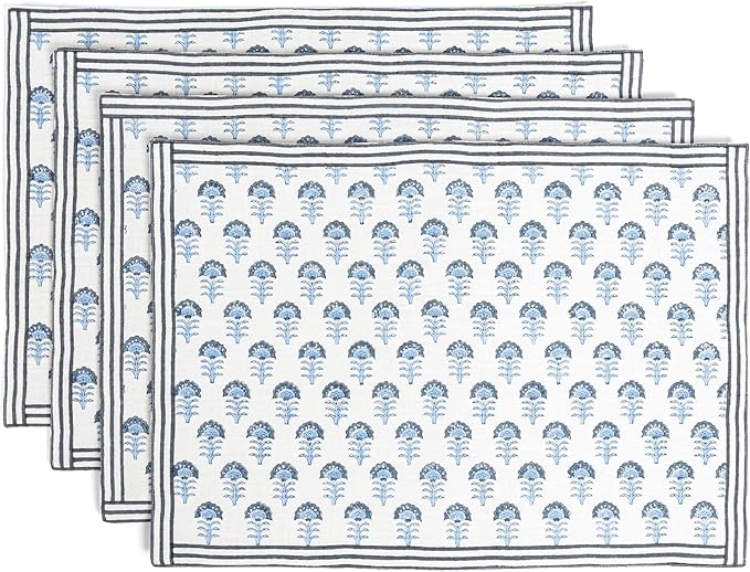 Over&Back Set of 4 Hand-Blocked Placemats - Colorful Dining Table Mat - Each Placemat is Unique - 100% Cotton - Machine Washable - Kitchen and Home Decor - Blue Flower