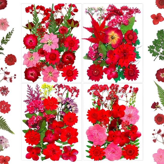 88Pcs Red Dried Pressed Flowers for Resin Molds, Assorted Real Natural Bulk Dry Floral Leaves for DIY Art Crafts, Epoxy Jewelry, Candle, Soap Making, Nails Decors
