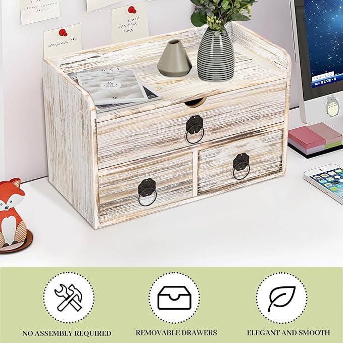 Wood Desk Organizer with Drawer, Vintage Brown Wooden Desktop Organizer, Tabletop Storage Organization Box for Countertop, Home Office Supplies (3 Drawer and Shelf)
