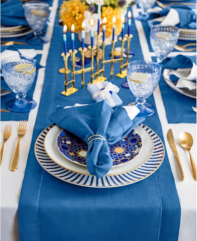Solino Home Linen Indigo Blue Table Runner 156 Inches Long - 100% Pure Linen Extra Long Table Runner 14 x 156 Inch for Winter, Spring, Easter - Classic Hemstitch