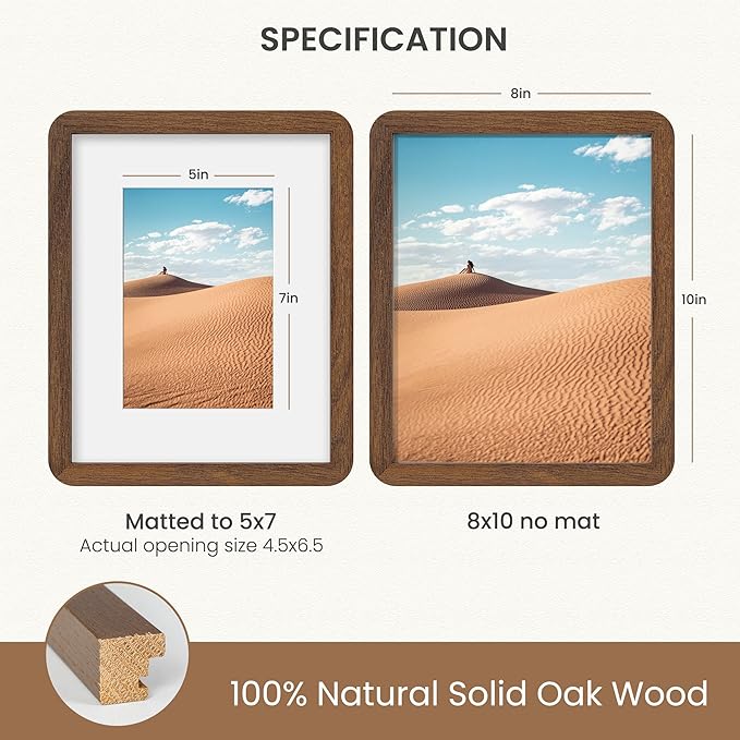 Dreamland 8x10 Picture Frame Set of 3, Solid Oak Wood Photo Frame with Mat for 5x7, Round Corner 8 x 10 Matted Picture Frames with Resistant Plexiglass for Wall Mounting or Tabletop, Walnut Color