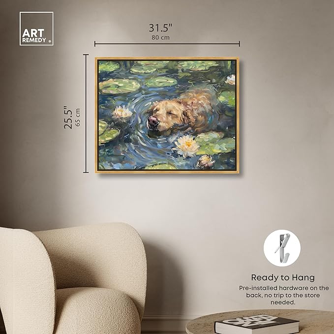 Art Remedy Monet Water Lilies Dog Rustic Chic Farmhouse Canvas Wall Art, Gold Floater Frame, 30"x24"