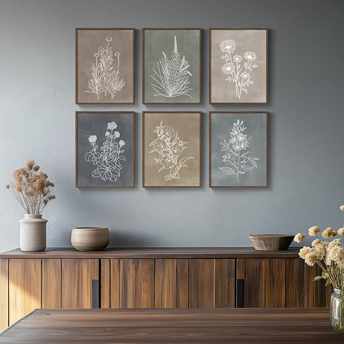 Framed Boho Botanical Wall Art for Living Room, Set of 6 Rustic Floral Canvas Painting Prints, Vintage Minimalist Neutral Flower Artwork for Modern Farmhouse Bedroom Kitchen Hallway Wall Decor, 11x14