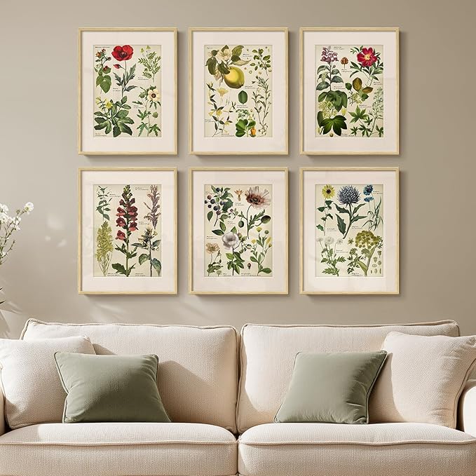 Framed Floral Botanical Wall Art, Set of 6 Green Painting Canvas Prints with Mat for Modern Farmhouse Kitchen Wall Decor, Rustic Plant Flower Pictures for Living Room Bedroom Dining Room Hallway, 11x14
