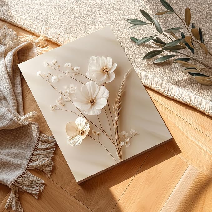 HLXRAE Minimalist Beige Floral Canvas Wall Art, Neutral Farmhouse Wall Decor, Framed Vintage Botanical Poster Prints, Modern Flower Aesthetic Pictures for Bathroom Living Room Bedroom 16"x24"x3
