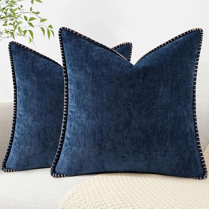 decorUhome Spring Chenille Soft Throw Pillow Covers 18x18 Set of 2, Farmhouse Velvet Neutral Decorative Pillow Covers with Stitched Edge for Couch Sofa Bed Home Decor, Poseidon