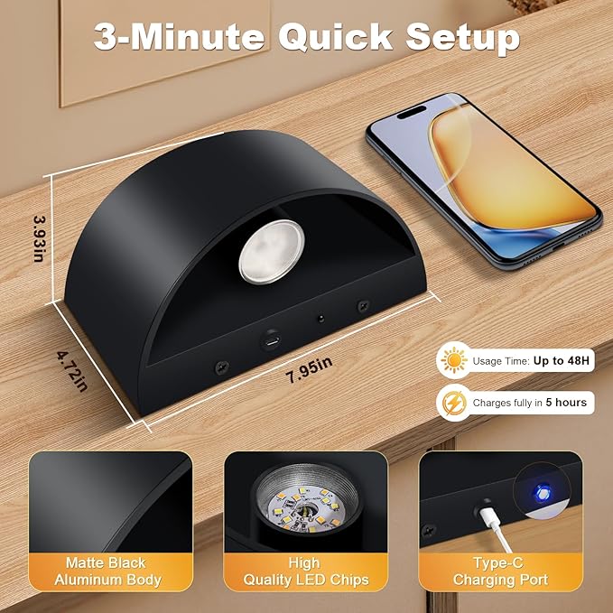 Battery Operated Wall Sconces Set of 4, Black Rechargeable Wireless Remote & Touch Control Wall Lamps, 3 Color Temperatures, Timer Cordless Dimmable Light for Bedroom, Living Room, Hallway