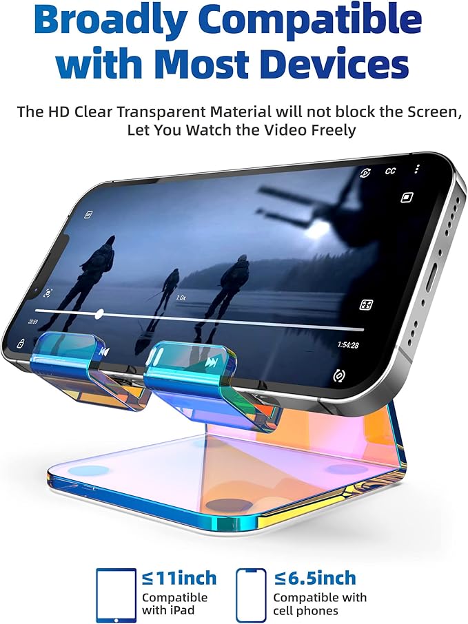 TOPGO Acrylic Phone Stand, Clear Phone Holder for Office Desk, Vanity, Kitchen Counter, Bedside Table, Compatible with iPhone 17 16 15 14 13 12 Pro Max Plus/Smartphones/iPad/Switch - Iridescent Color