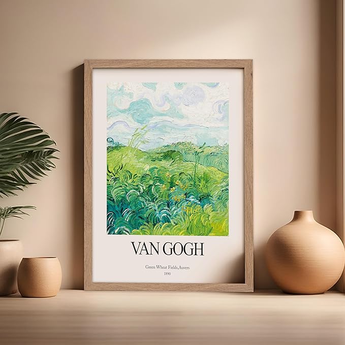 Monem Art Vintage Van Gogh Poster - Retro Impressionist Print - Green Wheat Fields, Auvers, Sky, Leaves, Landscape - Gift for Artist, Friend - Wall Decor for Home, Office, 16x20 Beige Framed