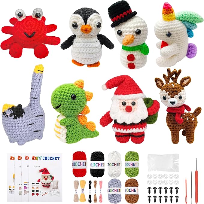 8Pcs Crochet Kit for Beginners, 2026 Great Christmas Gift for Crochet Lovers, DIY Craft for Adults and Kids, Crocheting Animal Kits with Step by Step Videos, Yarn, Crochet Hook, Birthday Holiday Gift