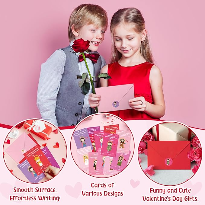 TICIAGA 144pcs Valentine's Day Catholic Church Greeting Card with Envelop for Kids, Religious Character Sticker Bible Notecard Exchange Gift for Boy Girl Sunday School Christian Classroom Party Favor