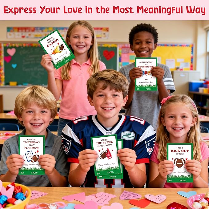 TICIAGA 144pcs Valentine’s Day Football Greeting Cards with Envelop and Stickers for Kids, 4 x 6 IN Sport Theme Exchange Gift Cards for Boys and Girls School Classroom Supplies, Valentines Party Favors