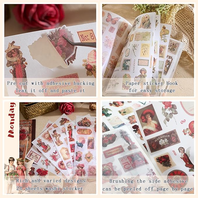 Vintage Stickers for Scrapbooking, Junk Journal - 24 Sheets Washi Sticker, Victorian Journal Stickers Book for Women, Self-Adhesive Scrapbook & Junk Journal Supplies (Red)