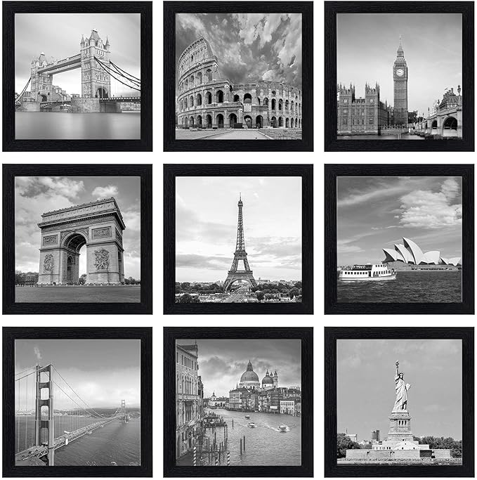 eletecpro 8x8 Picture Frames Set of 9 with Mat for 4x4 Photos or without Mat for 8x8, Square Gallery Wall Decor Collage for Picture Display, Black Frame Set for Wall Hanging