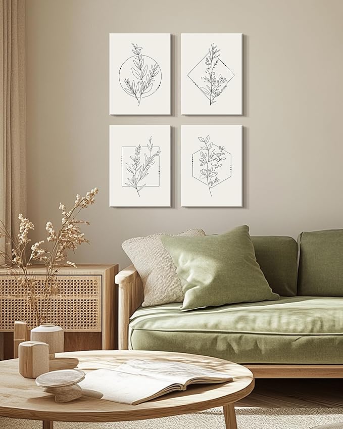 Drsoum Botanical Flower Boho Framed Wall Art Wooded Minimalist Aesthetic Floral Prints Farmhouse Retro Plants Rustic Bathroom Kitchen Home Decor Ready to Hang 12x16inx4pcs (Framed)