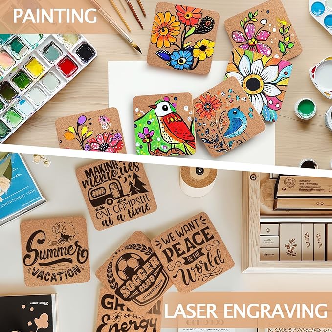 60 Pieces Cork Coasters for Drinks, GOH DODD Thicken Absorbent Blank Coasters for DIY Crafts Laser Engraving Sublimation Wood Burning Plants Painting Housewarming Gifts Wedding, Square, 4 Inch