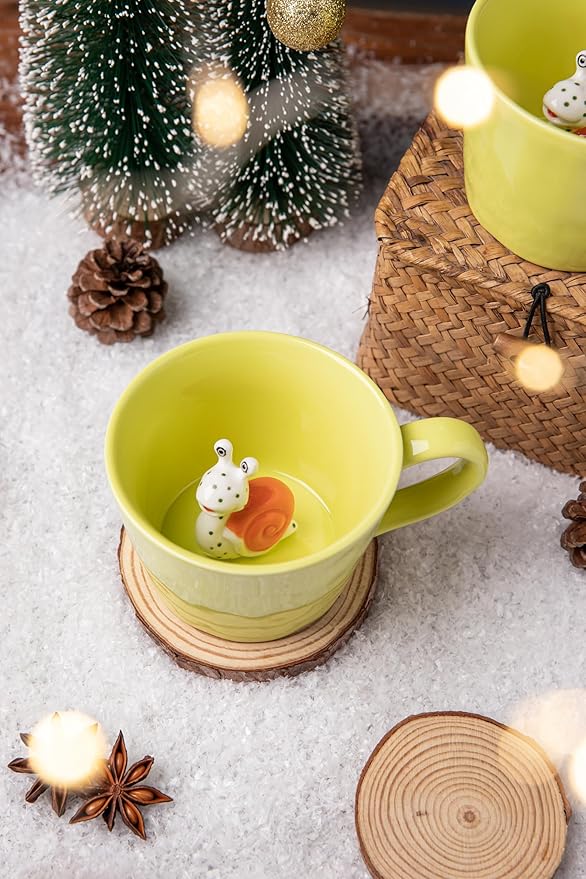 DIHOclub Ceramic Snail Cup Hidden 3D Animal Inside Mug，Garden series Handmade Figurine Snail Mugs (Apple green)
