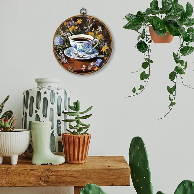 Hiuwevt Chinoiserie Floral Coffee Round Wall Art Decor, Blue and White Ceramic Coffee Cup Hanging Canvas Prints Artwork Framed, Retro Cottagecore Circular Wall Decor for Home Kitchen, 10x10 Inch