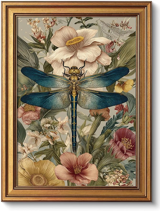 okudolit Gold Framed Dragonfly Canvas Wall Art Print Blue Insect Botanical Floral Painting Vintage Flower Picture Artwork Rustic Retro Nature Decor for Living Room Bedroom Office Home Decor 12x16in