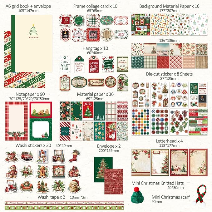 Christmas Scrapbooking Supplies Kit, Aesthetic New Year Festival Scrapbook Kits for Bullet Junk Journal, Stationery, Notebook, DIY Cute Journaling Supplies, Craft Christma Gift for Teen Girl Kid Women