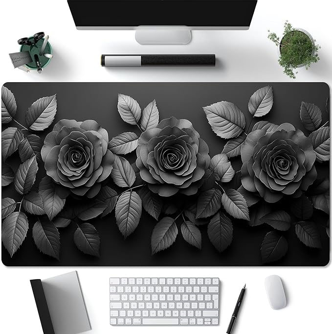 Luxury Black Rose Desk Mat Large Gaming Mouse Pad with Elegant 3D Floral Design and Dark Aesthetic Desk Pad for Office Home Gift for Gamers Artists Minimalist Lovers, 22x12in