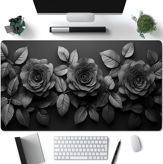 Luxury Black Rose Desk Mat Large Gaming Mouse Pad with Elegant 3D Floral Design and Dark Aesthetic Desk Pad for Office Home Gift for Gamers Artists Minimalist Lovers, 31x15in