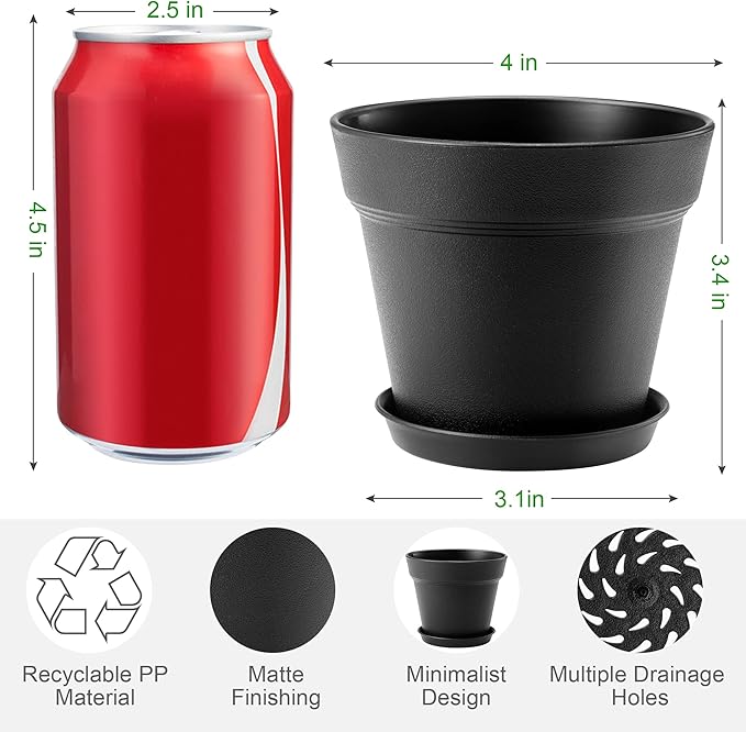 16 Pack Plastic Plant Pots with Drainage Holes and Tray, 4 inch Thickened Indoor Planters Seedlings Nursery Pots for Flowers, African Violet, Succulent and All House Plants, Black