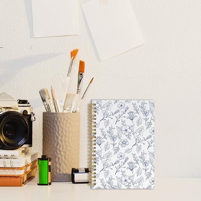 Pugwak Vintage Floral Journal Notebook - Aesthetic Botanical Flower Line Notebooks College Ruled for Work School, Gifts for Women Coworker, Office Supplies, Hardcover Spiral Notebook 5.5"x8.3"