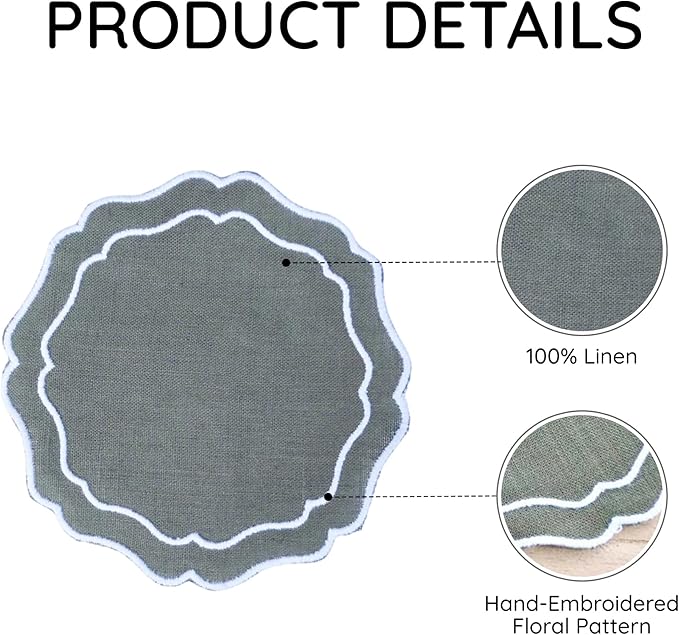 Drink Coasters Set of 6, 6x6 inch, Absorbent Linen Drink Mats with Scalloped Edge, Reusable Handmade Coffee Coasters for Home Decor & Tabletop Protection & Gift Giving (Sage)