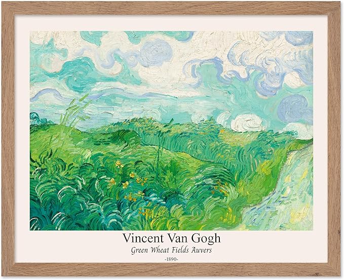 Monem Art Vintage Van Gogh Poster - Retro Green Wheat Fields Auvers Print - Impressionism Art - Fine Art - Landscape Art - Classic Painting Art - Great Living Room Decor - 8x10 Beige Framed
