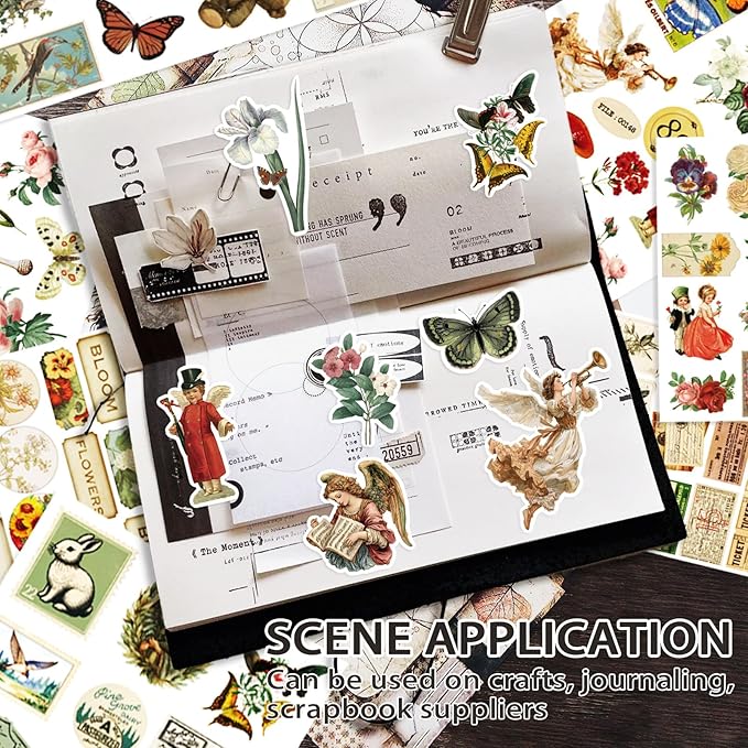 Vintage Sticker Book, 32 Sheets 496 Pcs Vintage Aesthetics Stickers & 20 Sheets Washi Paper for Journaling Scrapbooking Bullet Journals Planners Letter Card Making