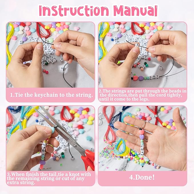 WATINC 286Pcs DIY Keychain Making Crafts Kits Adjustable Letter Heart Shape 6mm Pony Transparent Beads Key Ring Bag Charm Bracelet Supplies Jewelry Accessories Holiday Party Favor for Women Men
