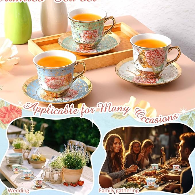 Set of 18 Tea Cups and Saucers Tea Party Decorations Floral Porcelain 5.4 oz British Gift for Women Birthday Party, Church, and Mother's Day (Classic Style)