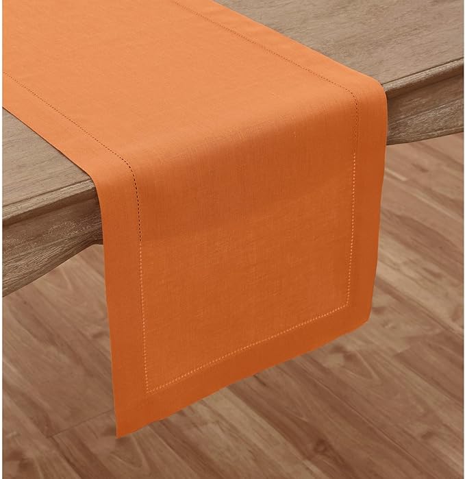 Solino Home Linen Pumpkin Table Runner 72 Inches Long - 100% Pure Linen Hemstitch Table Runner 14 x 72 Inch for Dresser, Dining - Classic Hemstitch
