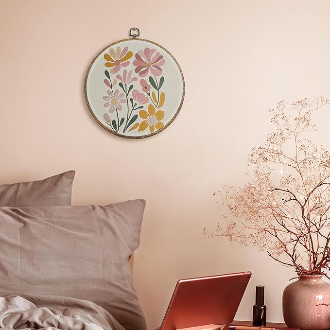 FUGWN Boho Floral Round Wall Art Decor Framed, Boho Abstract Minimalist Flower Canvas Artwork Prints, Neutral Flower Botanical Wall Hanging Decorations for Home Bedroom Living Room, 10x10 Inch