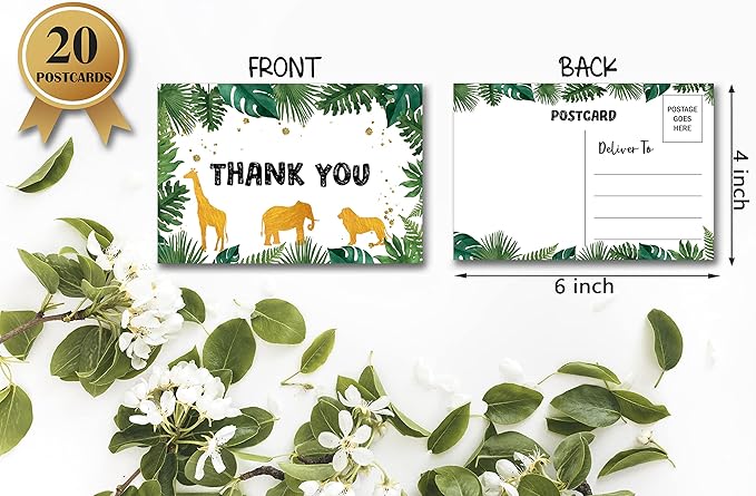 Birthday Thank You Postcards, Greenery Jungle Animals Thank You Cards for Kids Girls Boys Birthday Party, Baby Shower Party, Set of 20 (A01)