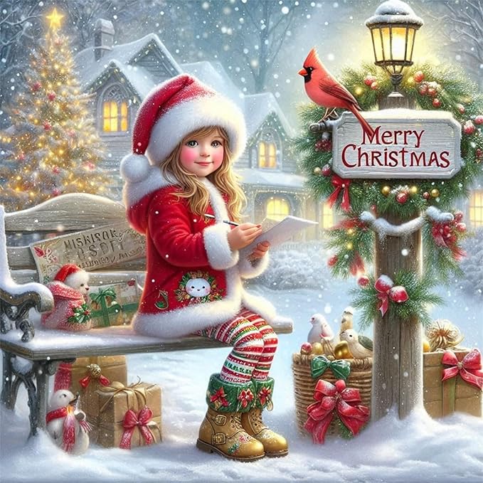 mrpwnle Christmas Diamond Art Kits for Adults, Christmas Diamond Painting for Kits Adults Beginners, 5D Round Full Drill Winter Gem Art Painting Kit, Home Wall Decor Gifts 13.8x13.8inch
