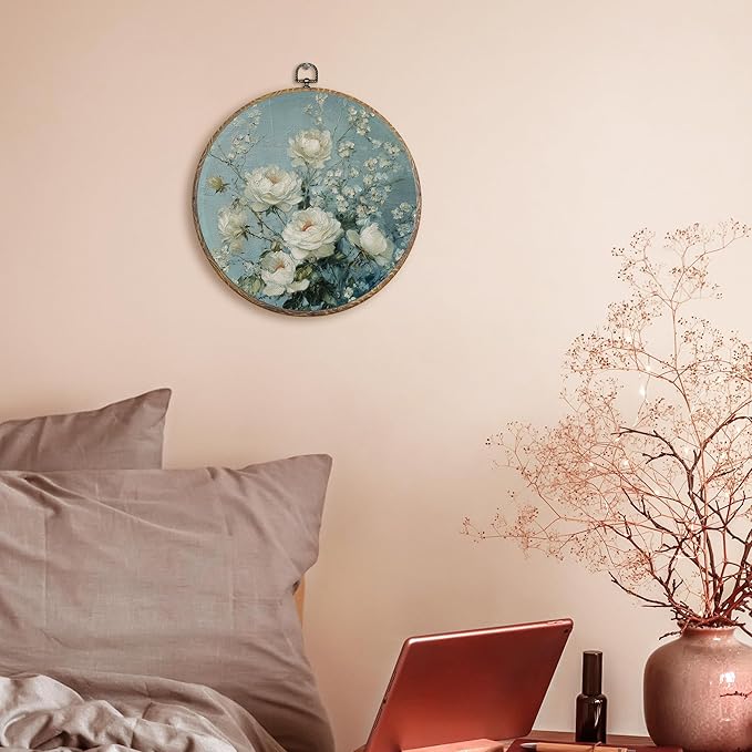 FUGWN Vintage White Rose Floral Round Wall Art Decor Framed, Cottagecore Botanical Canvas Artwork Prints, Rustic Farmhouse Flower Wall Hanging Decorations for Home Bedroom Living Room, 10x10 Inch