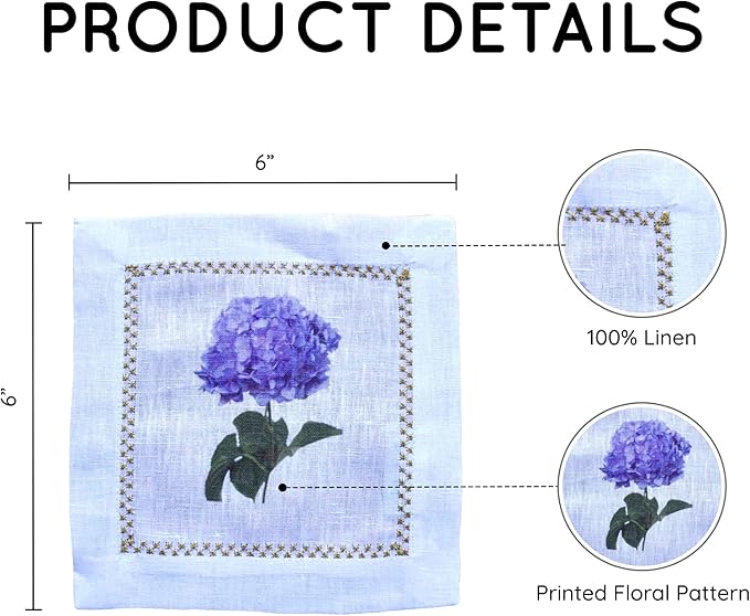 Cocktail Napkins Set of 6, 6x6 inch, 100% Linen, Printed Floral Design, Reusable & Washable Napkin Coasters for Beverages, Parties, Weddings & Everyday Use (Hydrangea)