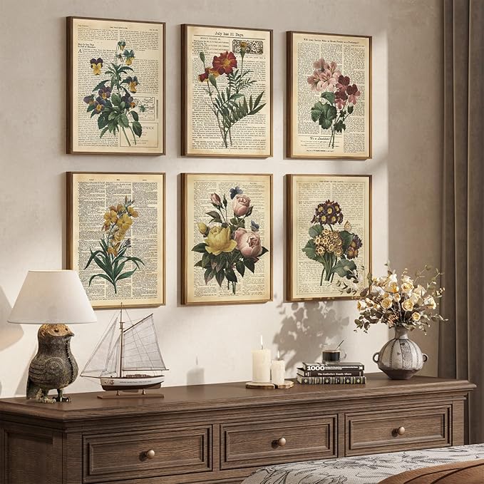 Framed Vintage Floral Wall Art, Set of 6 Colorful Flower Canvas Prints, Rustic Farmhouse Botanical Artwork for Bedroom Living Room Kitchen Dining Room Hallway Office Apartment Home Decor, 11x14 Inch