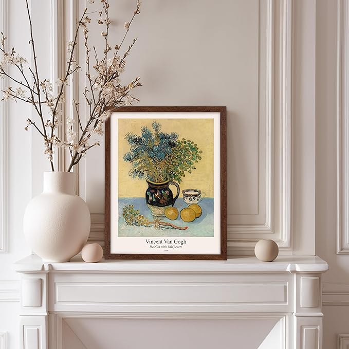 Monem Art Vintage Van Gogh Poster - Retro Majolica with Wildflowers Print - Impressionism Art - Flower Art - Fine Art - Classic Painting Art - Floral Living Room Decor - 8x10 Brown Framed