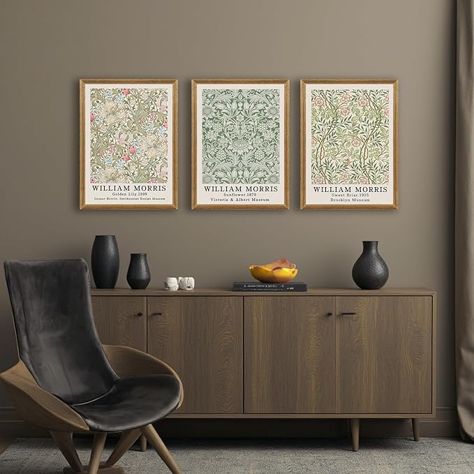 SYWENNOI 3 Pieces Wood Frames Vintage Floral Canvas Wall Art, William Morris Textured Wall Decor, Sweet Briar Sunflower Golden Lily Botanical Designs Prints for Living Room Bedroom Offices 16x24 in
