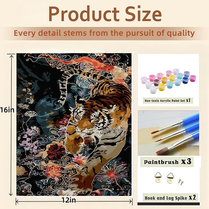 BYGFHLYW Paint by Numbers Kit for Adults Beginners, Animal Tiger Easy Adult Paint by Number Kits On Canvas, DIY Acrylic Oil Painting Kits for Home Wall Decor 12x16Inch