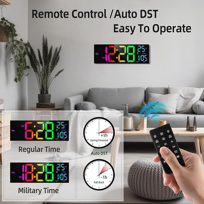 8 Colors Digital Wall Clock, 16.2" Large Digital Clock with Temperature, Date, Auto DST, Night Light, Auto Brightness Dimmer, 24/12-hour Wall Clock for Living Room Office Classroom Gym