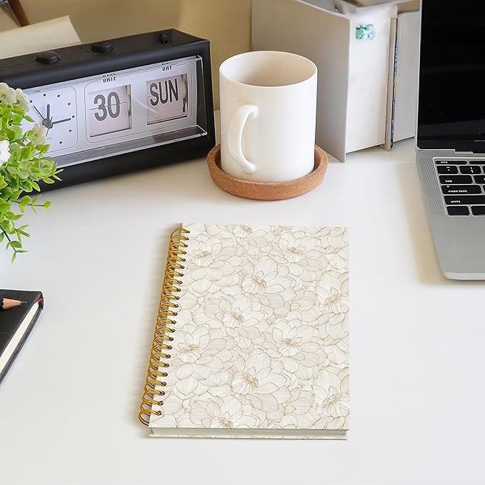 Lotus Floral Spiral Notebook, Vintage Beige Lotus Flower Journal, Neutral Botanical Aesthetic Journal Notebook, 5.5x8.3 Inch
