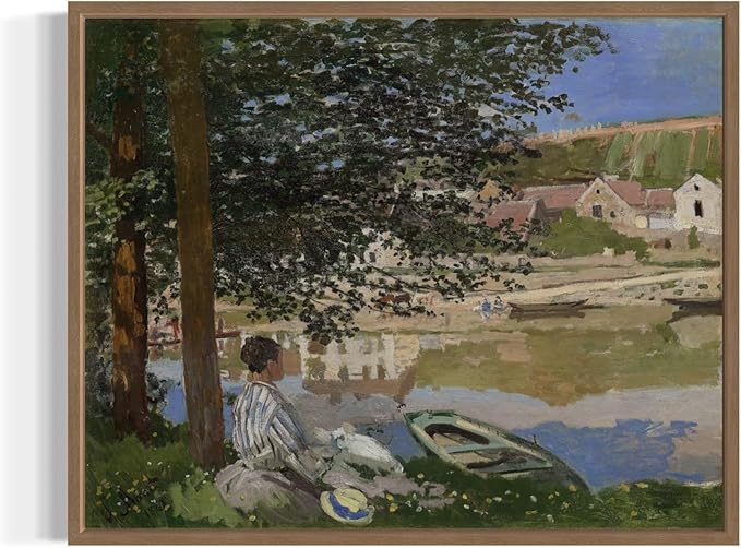 On the Bank Claude Monet Wall Art Print Poster, Impressionist Painting Wall Art Wall Decor, for Bedroom and Living room Bathroom Decor 115 (On the Bank, 11 x 14 inches, Wood Frame)