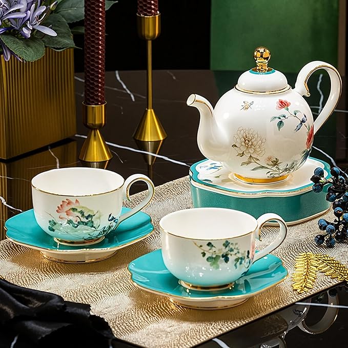 KAMMAK Tea Pot and Cups Set for Adults, Bone China Tea Cup and Saucer with Teapot, Porcelain Coffee Cups and Pot, Teapot with Tray and Gift Box for Latte, Afternoon Tea Party