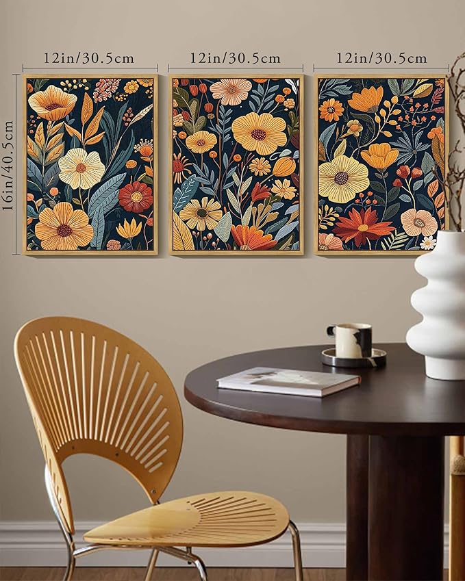 KUVIOKE Vintage Flower Framed Wall Art Colorful Boho Floral Wall Decor Botanical Retro Wildflower Modern Artwork Bedroom Living Home Decor 12x16in (Natural Framed)