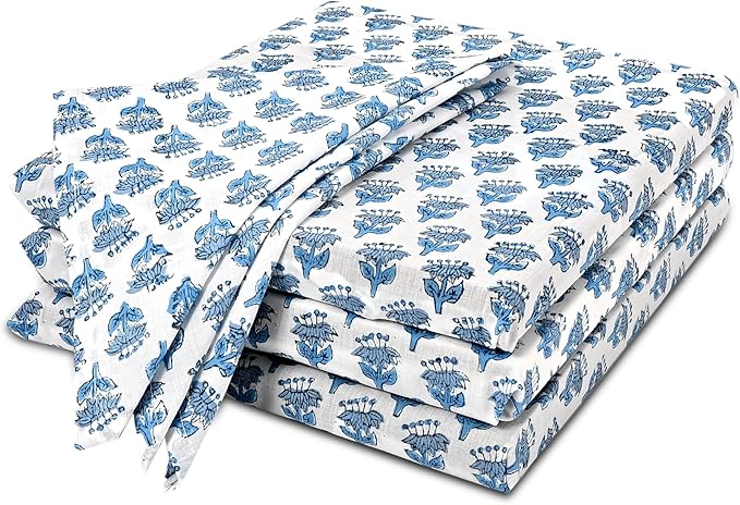 CPC Cloth Napkins 100% Cotton Set of 4 Reusable Napkins, Indian Block Print Toile Floral Dinner Napkin, Fall Thanksgiving Christmas Holiday Party Gift - Soft Absorbent Napkin, 18"x18" Apatite Blue