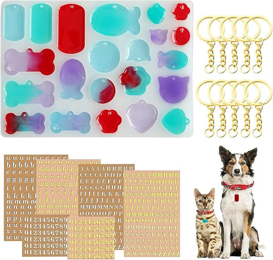 SAGOOITS Pet Tag Resin Mold Silicone,with Letter Resin Stickers and 10Pcs Keychains,Dog Tag Molds for Resin, Bone Cat Shaped Keychain Silicone Resin Molds DIY Crafts Making Tag Charm Pendant